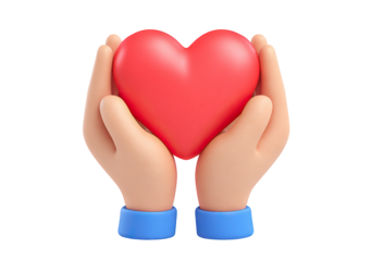 3d cartoon hands holding red heart, isolated on transparent cutout background