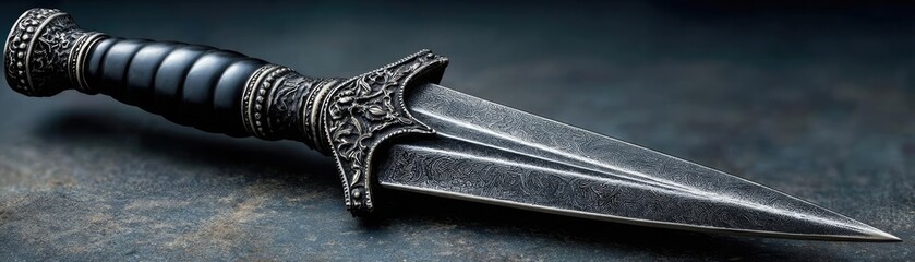 Tactical dagger with classic model concept. An ornate dagger with a detailed handle and sharp blade design.