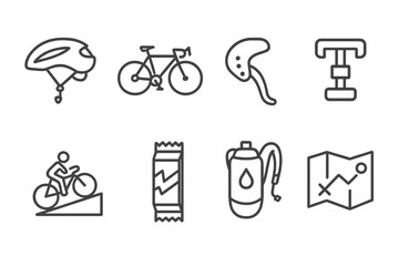 Cycling icons set: helmet, bicycle, gear, tools, nutrition, hydration, map