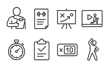 Icon set: fitness coach, workout plans, strategy, video, stopwatch, checklist, sets, exercise
