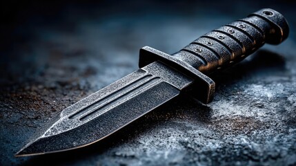 Tactical dagger with classic model concept. Close-up of a rugged, tactical knife on a textured surface.