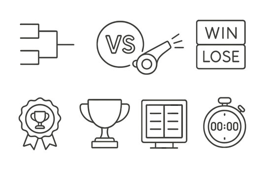 Tournament symbols: bracket, whistle, win-lose, medal, trophy, scoreboard, timer icons