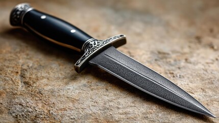 Tactical dagger with classic model concept. Close-up of a decorative knife on a rustic stone surface.