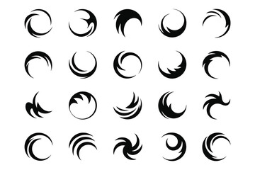
Collection of abstract swirling brush stroke wavy circular shapes, elements, and decorative design motifs on a white background