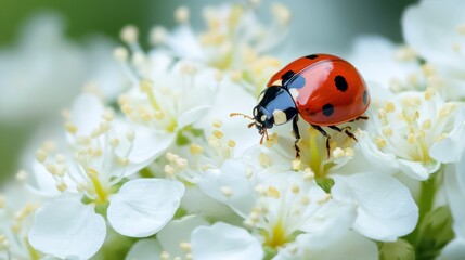 Close-up of a vibrant red ladybug resting on delicate white flowers in natural daylight with soft blurred background and shallow depth of field




