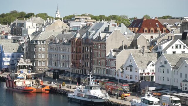 View of waterside architecture in Haugesund from Risoy Bridge on a sunny day, Haugesund, Rogaland County, Norway, Scandinavia, Europe