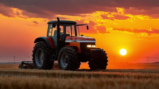 Golden Hour Harvest: A sturdy tractor is silhouetted against a vibrant sunset, plowing through a vast field, symbolizing agricultural productivity. 