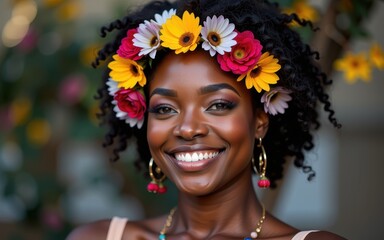Naklejka premium Intersectional feminism concept. Radiant woman with floral headpiece and joyful expression in a vibrant setting.