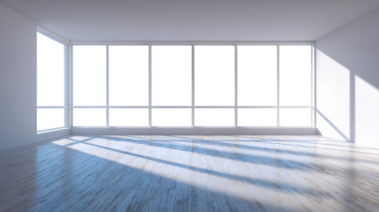 Bright empty room with large panoramic windows, isolated on transparent cutout background