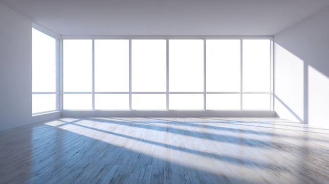 Bright empty room with large panoramic windows, isolated on transparent cutout background