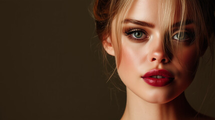 Close-up portrait of woman with red lips and dramatic eye makeup on dark background
