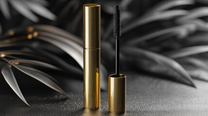 Luxury gold mascara tube with brush on black textured background