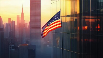 A tall building with an American flag waving in front, suitable for patriotic events or cityscape scenes
