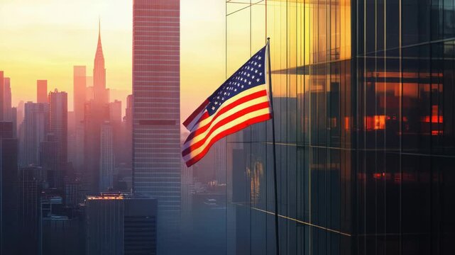 A tall building with an American flag waving in front, suitable for patriotic events or cityscape scenes