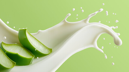 Aloe vera slices with fresh cream splash on green background