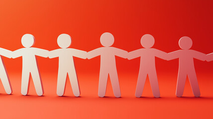 Paper cutout people holding hands on bright red background symbolizing unity