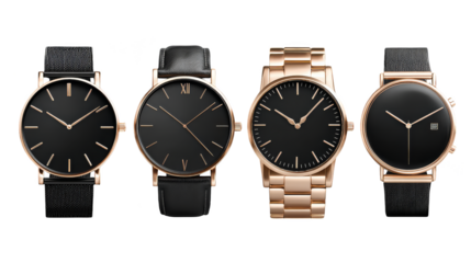 Timeless elegance, four watches with black dials and gold accents showcase sophisticated style.