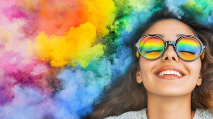 Happy woman smiling with rainbow sunglasses and colorful powder background