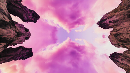 Dramatic canyon view looking up at surreal pink sky and clouds