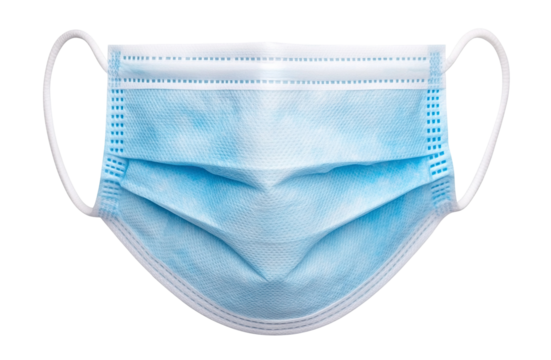 Light blue surgical face mask with ear loops, isolated on transparent cutout background