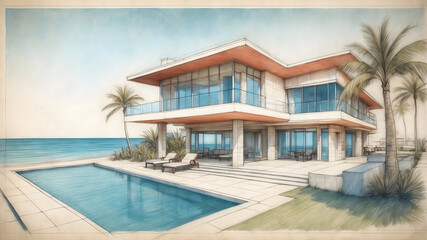 Fototapeta premium Luxury beachfront villa, modern house with pool, tropical resort, oceanfront property