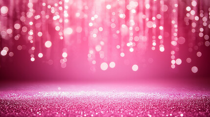Pink glitter background with sparkling bokeh lights and festive glow