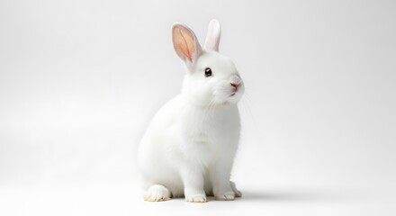 Obraz premium Adorable White Rabbit Sitting Upright on a White Background in Studio