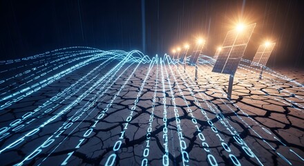 Digital Data Flowing to Solar Panels on Dry Earth Merging Technology and Renewable Energy for a Sustainable Future Amidst Climate Challenges.