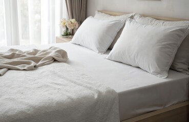 Comfortable bed setup with soft white linens, fluffy pillows, and a cozy blanket. Natural light streams in from a window, creating a serene and inviting atmosphere for relaxation and sleep.
