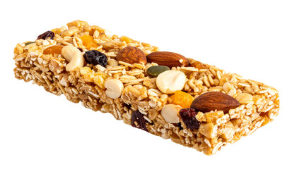 Granola bar with nuts, seeds, and dried fruit, isolated healthy snack PNG.