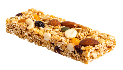 Granola bar with nuts, seeds, and dried fruit, isolated healthy snack PNG.