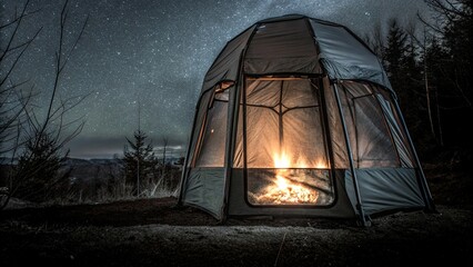 Glowing Campfire Inside Tent Overlooking Quiet Hilltop in the Darkness