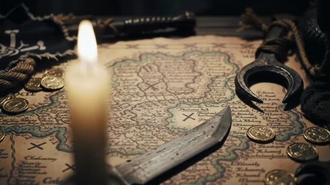 Candlelight illuminates antique map and pirate treasure
