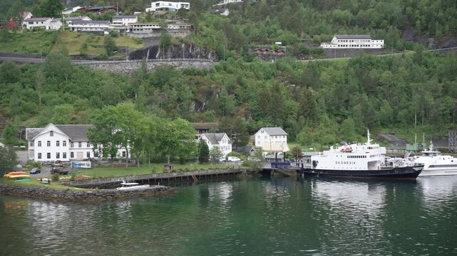 Aerial view of Hellesylt waterfall in Hellesylt, Sunnylvsfjorden, Stranda Municipality, Norway, Scandinavia, Europe