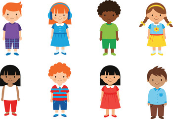 Cartoon children with diverse hairstyles and outfits standing in two rows, vector character set isolated on white background