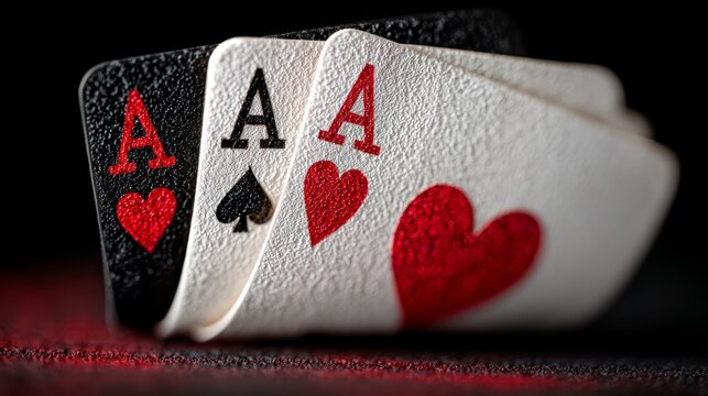Three playing cards with hearts and spades on them
