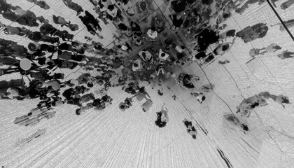 Group of people walking on mirrored ceiling , crowd of people from above