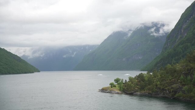 Aerial view of Sunnylvsfjorden from Hellesylt, Stranda Municipality, Norway, Scandinavia, Europe