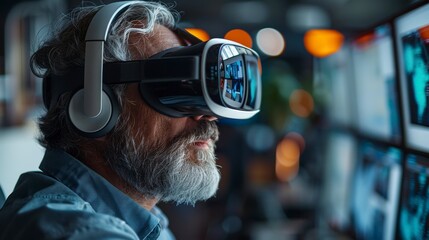 Man immersed in VR, headset on, beard visible, screens blurred in background