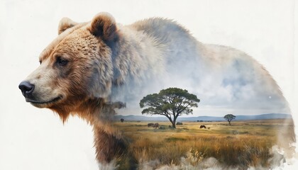 Obraz premium Watercolor illustration features brown bear portrait double exposed with African savanna landscape. Plains with acacia tree, grazing animals like elephants, antelopes under cloudy sky. Naturalistic