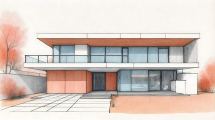 Modern House Building with Glass Windows, Modern House Building Illustration