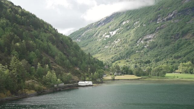 Aerial view of Sunnylvsfjorden from Hellesylt, Stranda Municipality, Norway, Scandinavia, Europe