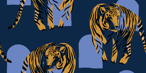 Tigers Roaming in a Decorative Environment Pattern