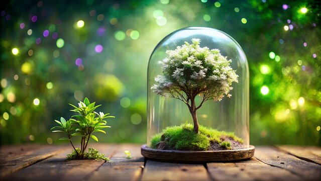 A delicate tree thrives under a glass dome, symbolizing natures protection and growth in a magical, bokehlit forest setting
