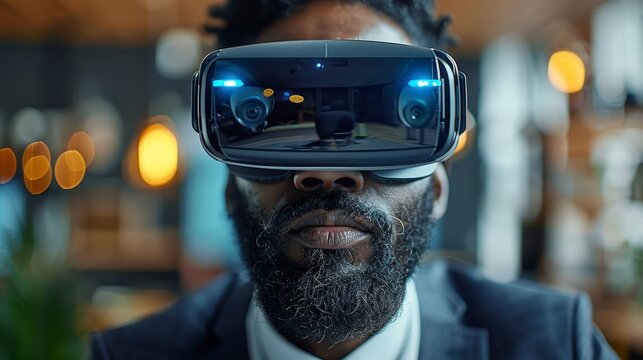 Man wearing VR headset, jacket, indoors. Lights and blurred bokeh in the background. Close-up shot - Powered by Adobe