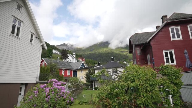 View of colourful houses and church in Hellesylt, Sunnylvsfjorden, Stranda Municipality, Norway, Scandinavia, Europe