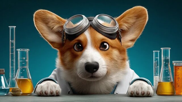 Corgi Scientist: A charming corgi, clad in a lab coat and goggles, ready to tackle a science experiment, symbolizing curiosity and exploration in a vibrant setting.