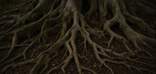 Intricate network of thick tree roots on forest floor creates organic pattern. Rough texture of interwoven brown roots resembles chains cables. Natural composition with dense ground cover, suggesting