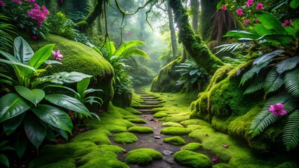 Fototapeta premium A mosscovered path winds through an enchanted, lush green forest filled with mist and sunlight