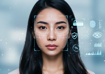 Digital facial recognition technology scanning a young Asian woman's face with security data.
